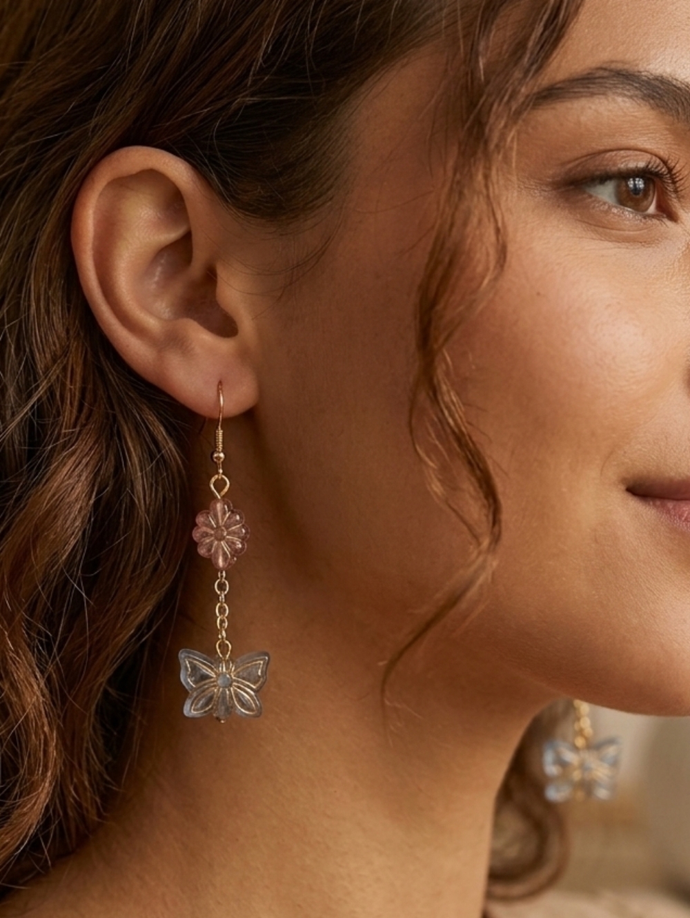Pastel Butterfly & Floral Drop Earrings – Gold Tone & Glass Style Acrylic